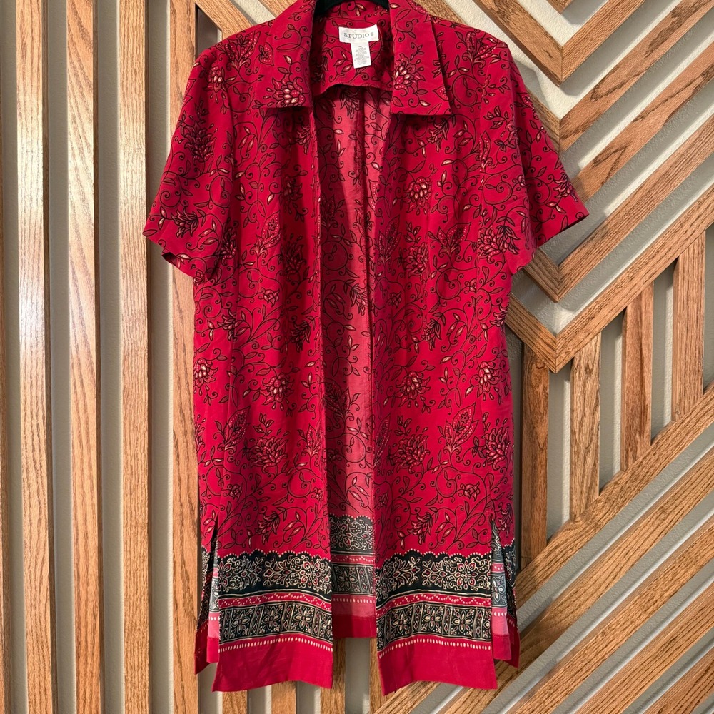 Boho Maximalist Studio I 18W Red Floral Longline Duster Top Border Print